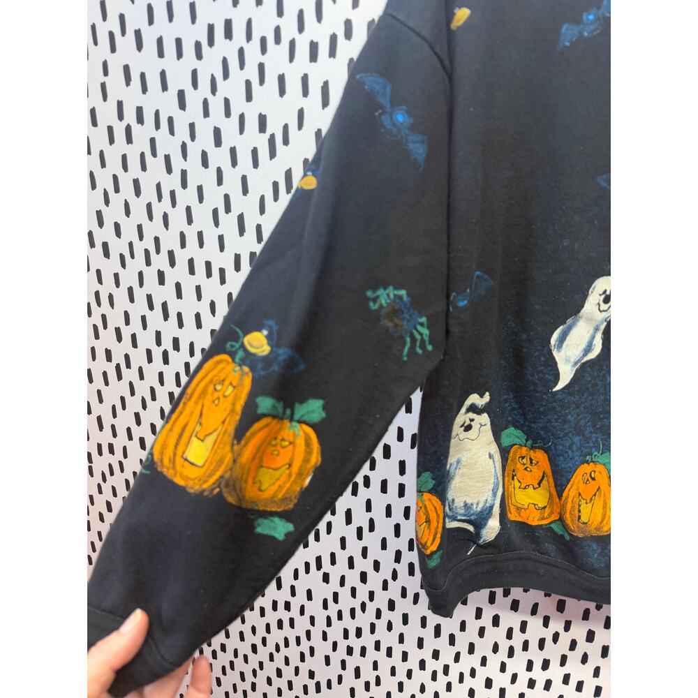 90s VINTAGE HAND PAINTED HALLOWEEN GHOST IN JACK O LANTERN crew SWEATSHIRT - Picture 3 of 11